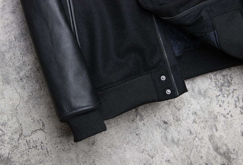 Genuine Leather Woolen Jacket Stand Collar
