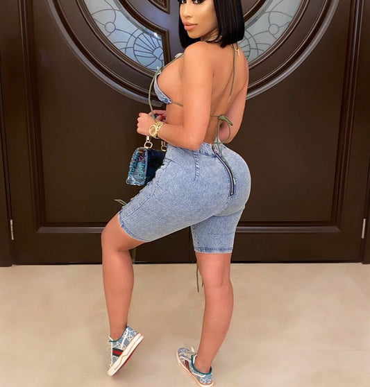 Denim Sleeveless Crop & Denim Shorts Sets