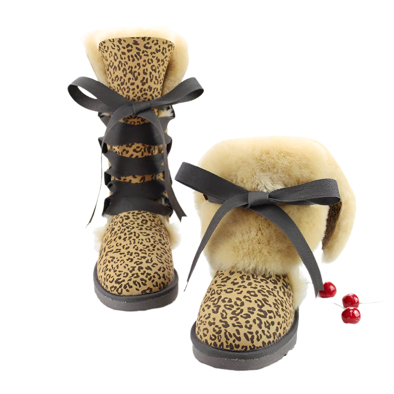 Leopard/Camo Print Genuine Leather Natural Wool Fur Lace Up Boots