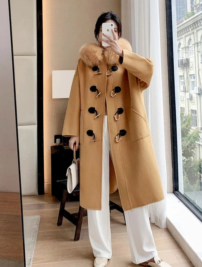 Cashmere Horn Button Hooded Real Fox Fur Coats