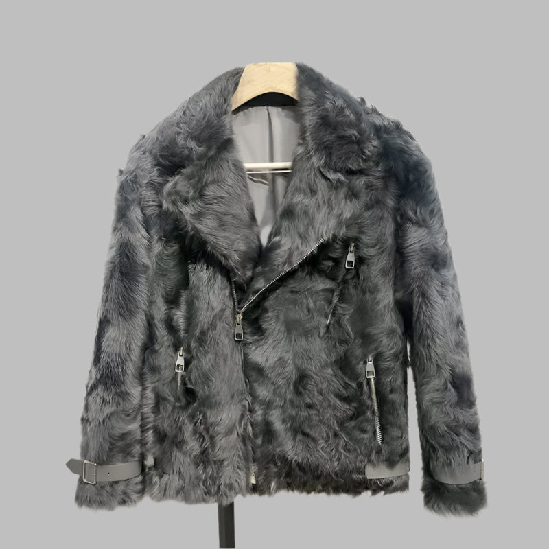 Real Long Wool Fur Moto Jacket