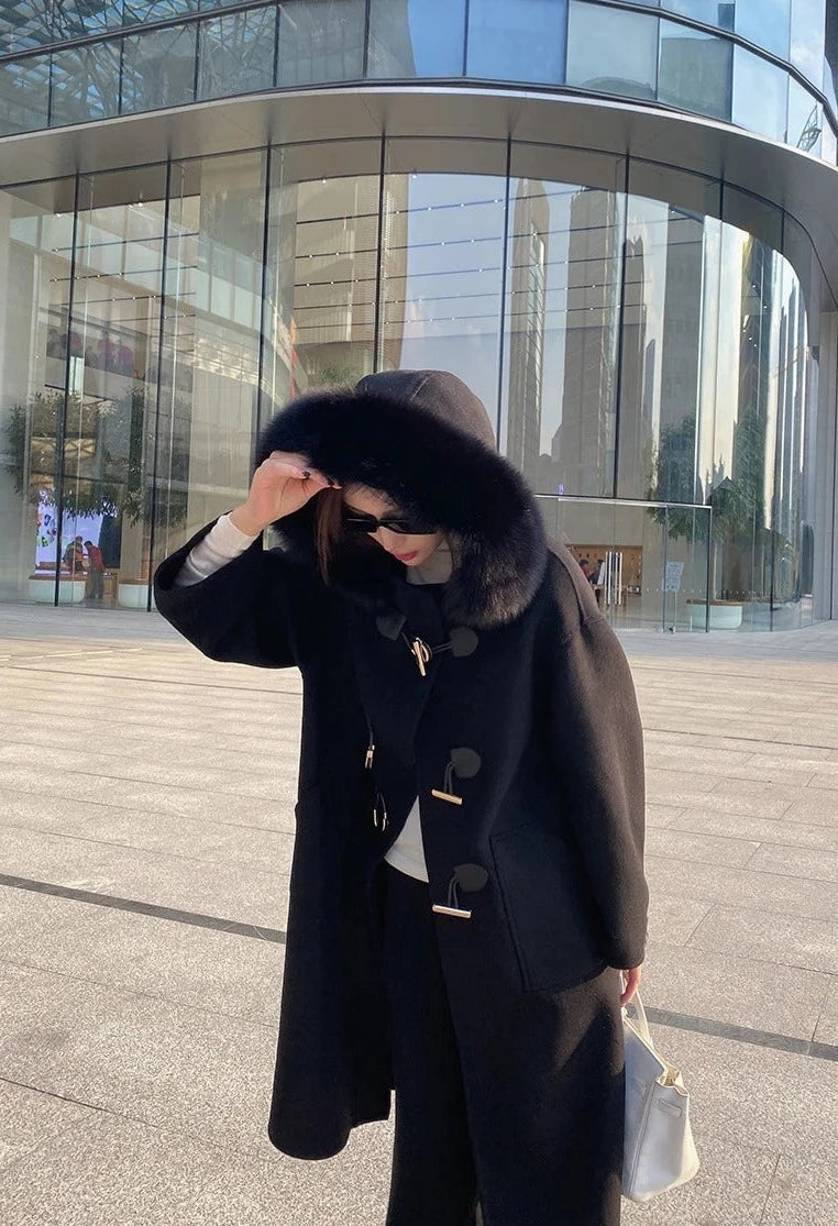 Cashmere Horn Button Hooded Real Fox Fur Coats