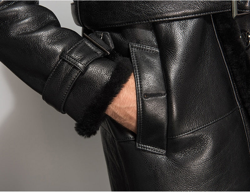 Black Genuine Leather Shearling Coat Long