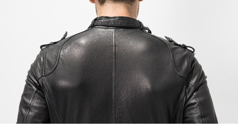 Genuine Leather Jacket Short Slim Moto
