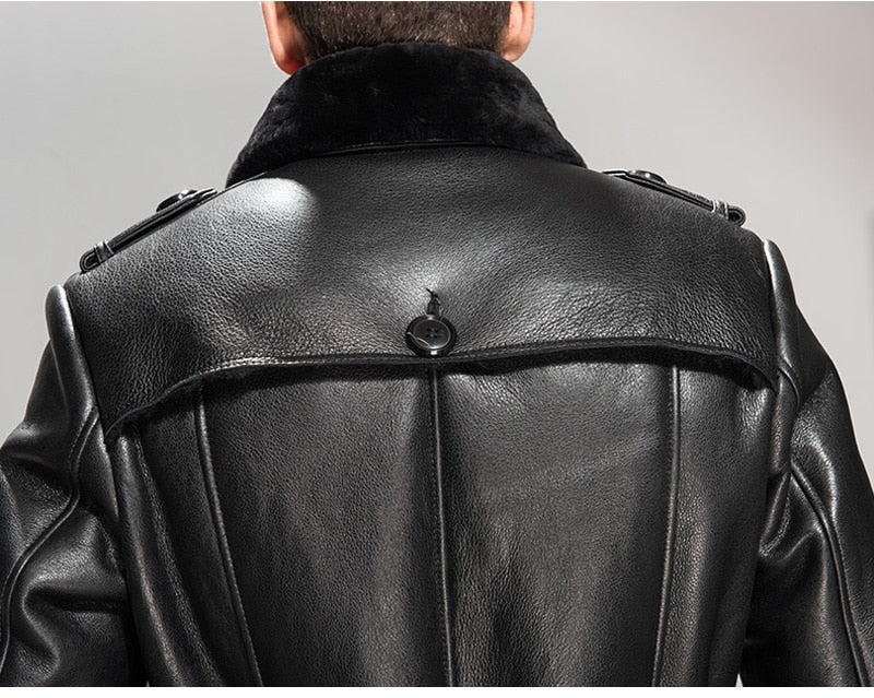 Black Genuine Leather Shearling Coat Long