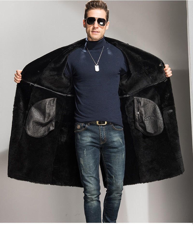 Black Genuine Leather Shearling Coat Long
