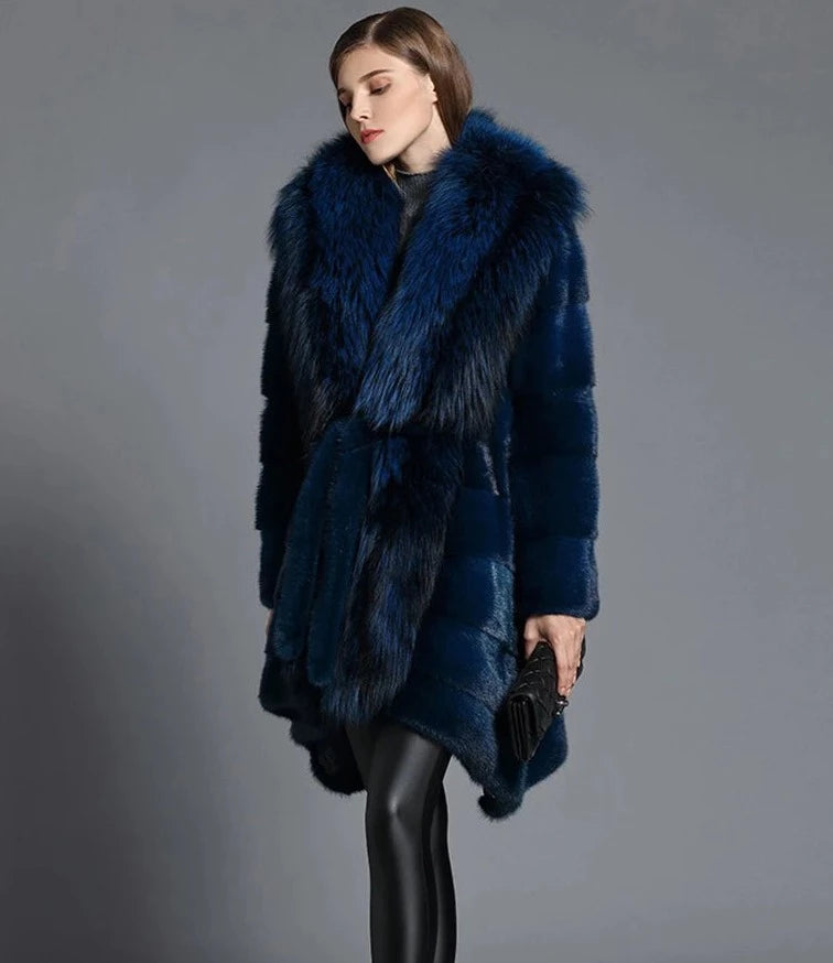 Blue Real Mink Fur Coats Big Fox Fur Collar