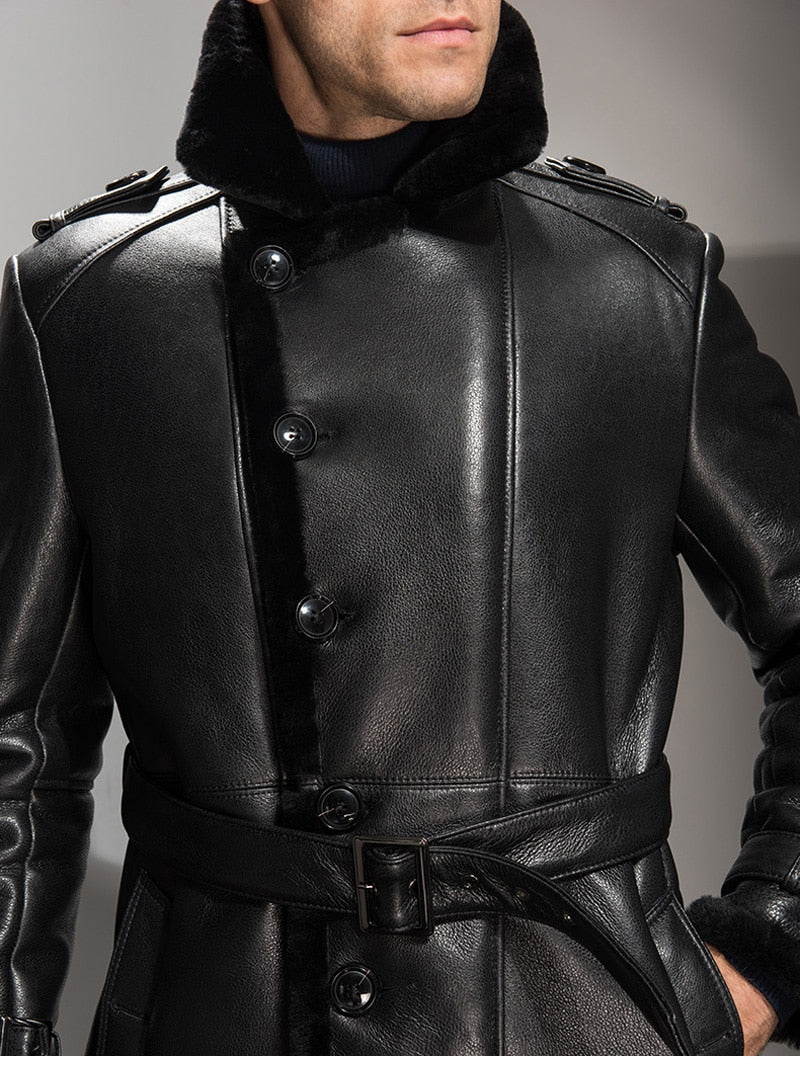 Black Genuine Leather Shearling Coat Long