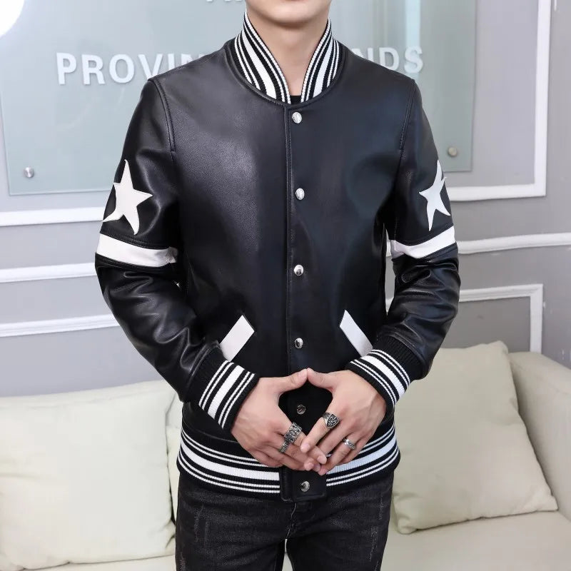 Genuine Leather Jacket Stand Collar Star Sleeve
