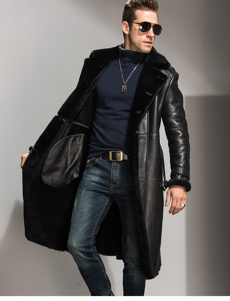 Black Genuine Leather Shearling Coat Long