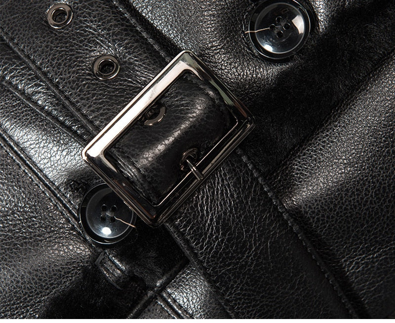 Black Genuine Leather Shearling Coat Long