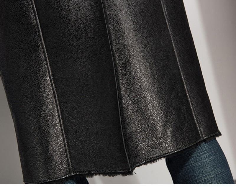 Black Genuine Leather Shearling Coat Long