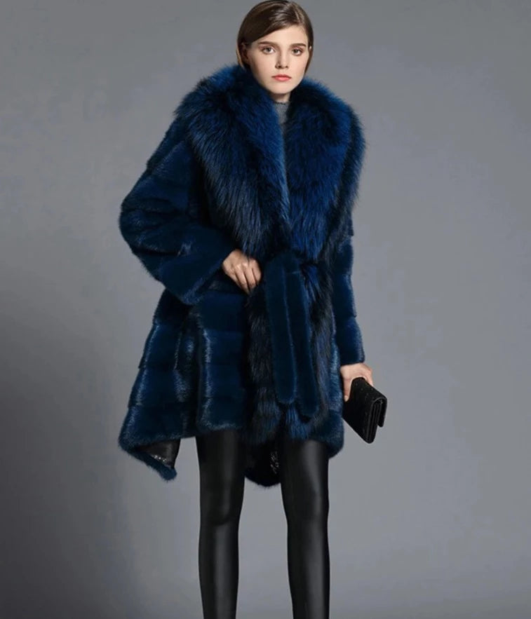 Blue Real Mink Fur Coats Big Fox Fur Collar