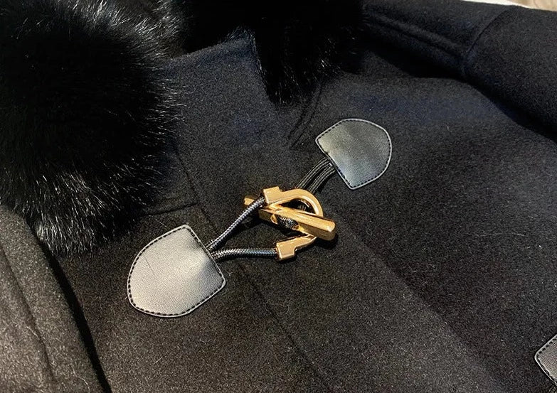 Cashmere Horn Button Hooded Real Fox Fur Coats