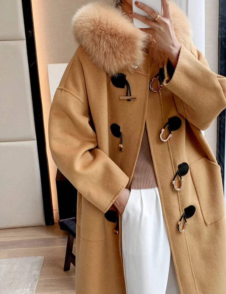 Cashmere Horn Button Hooded Real Fox Fur Coats