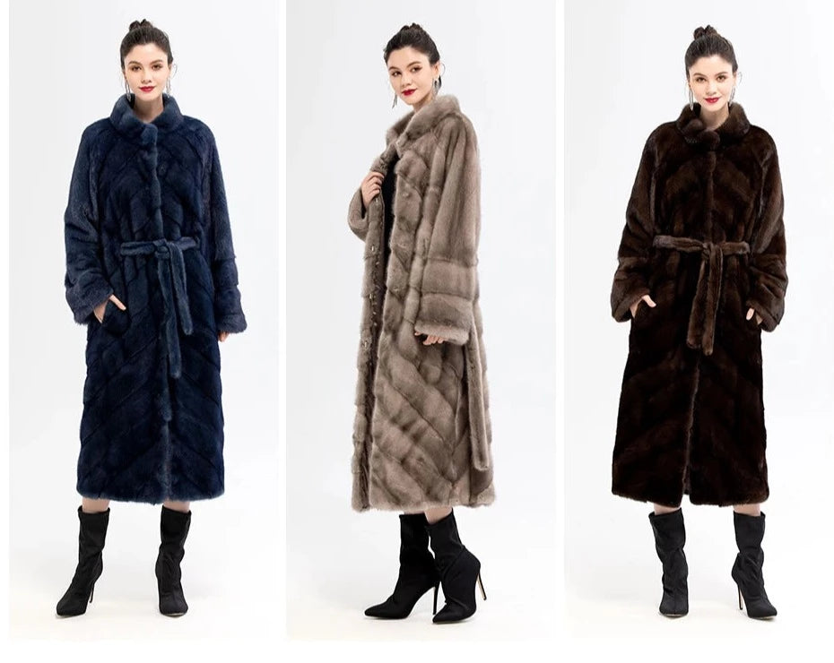 Stand Collar Full Pelt Real Mink Fur Coats Long