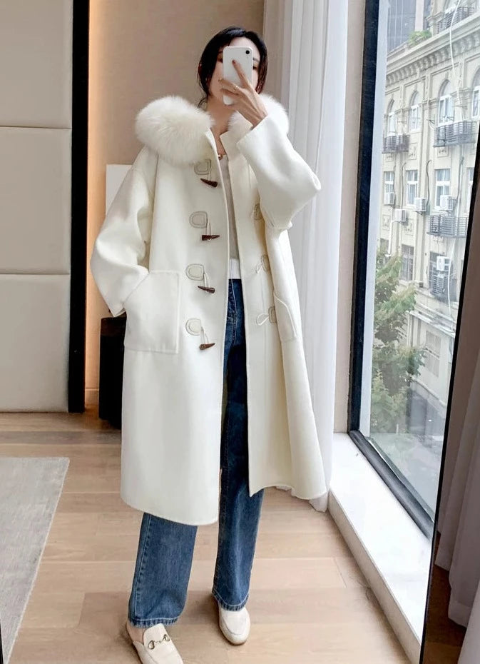 Cashmere Horn Button Hooded Real Fox Fur Coats