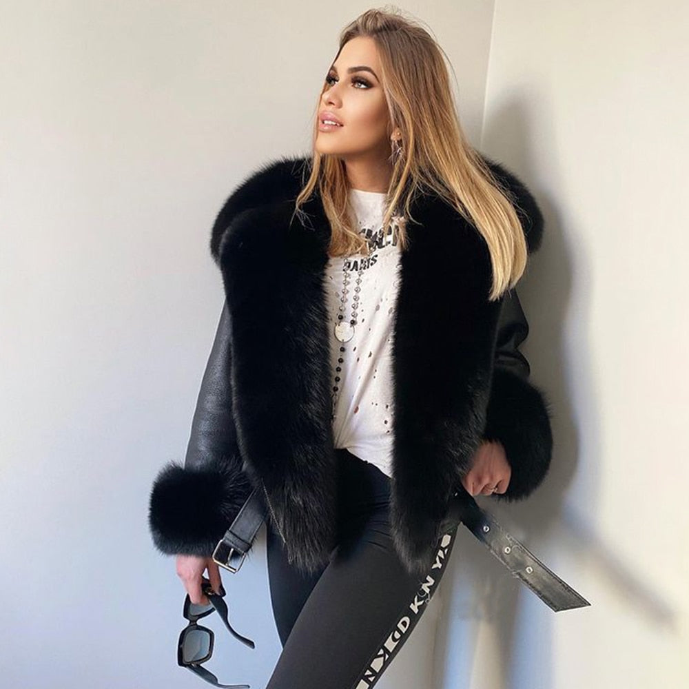 Genuine Leather Coats Real Fur Collar And Cuff