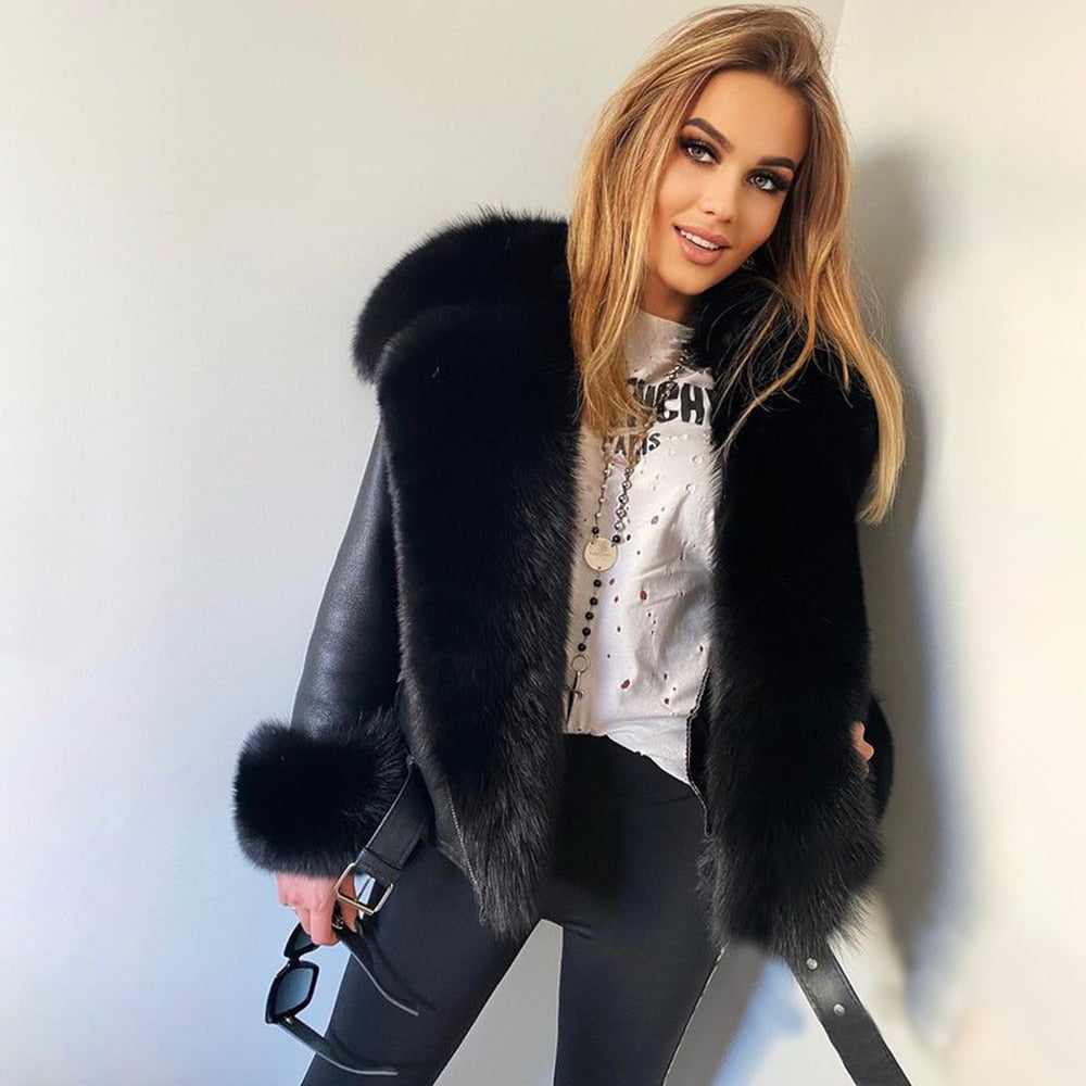 Genuine Leather Coats Real Fur Collar And Cuff