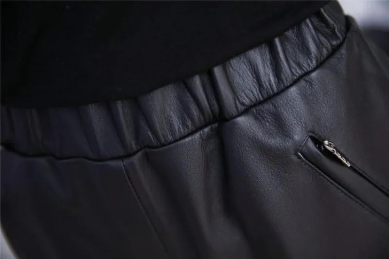 Genuine Leather Pants Harem Elastic Waist Spring
