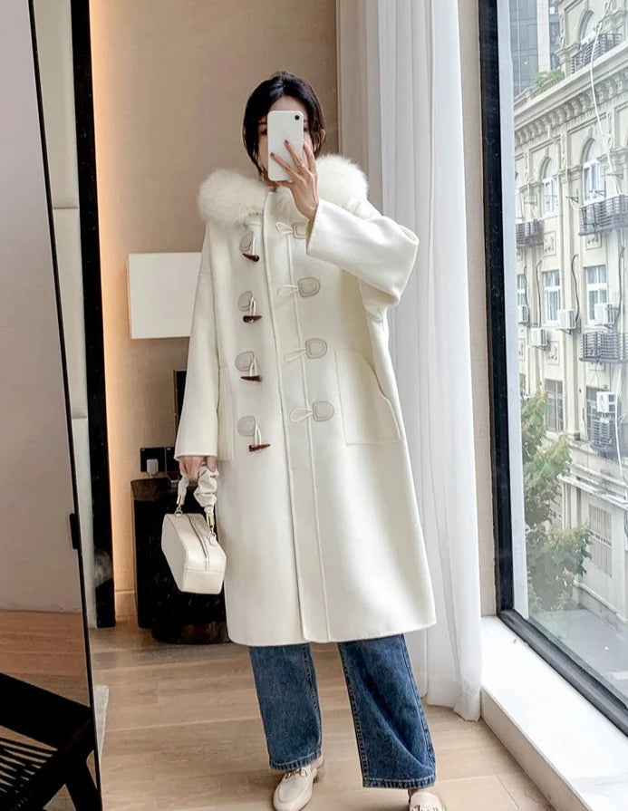 Cashmere Horn Button Hooded Real Fox Fur Coats