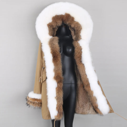Real Rabbit Lining Fox Fur Collar Cuffs Parka Coats