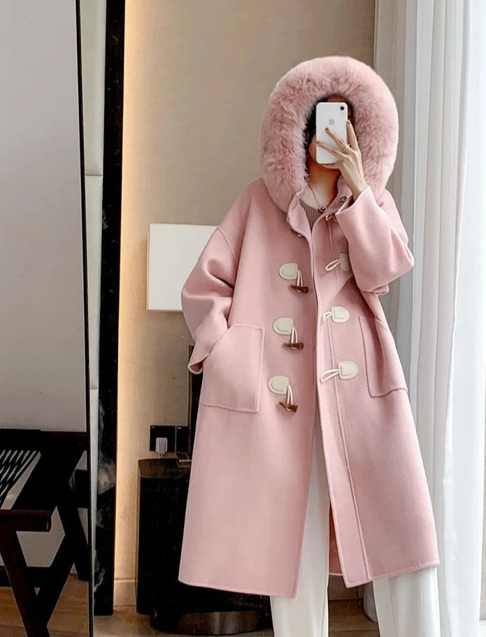 Cashmere Horn Button Hooded Real Fox Fur Coats
