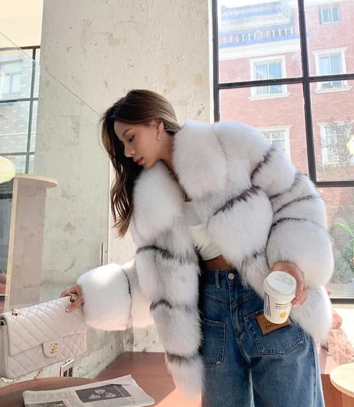 Striped White Real Fur Coats (8XL Sizes)