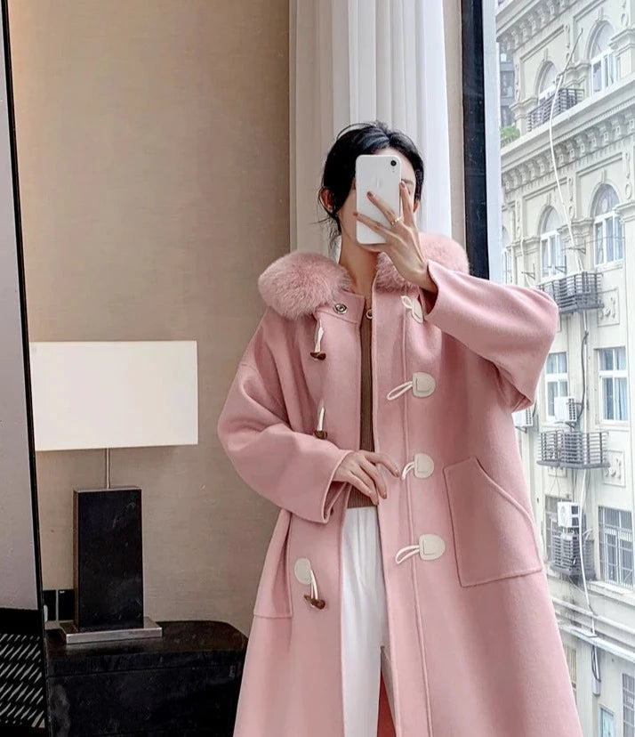 Cashmere Horn Button Hooded Real Fox Fur Coats