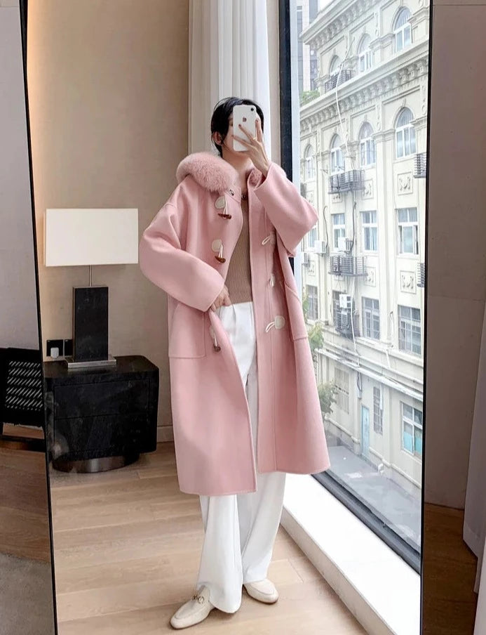Cashmere Horn Button Hooded Real Fox Fur Coats