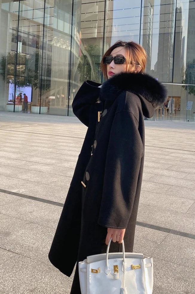 Cashmere Horn Button Hooded Real Fox Fur Coats