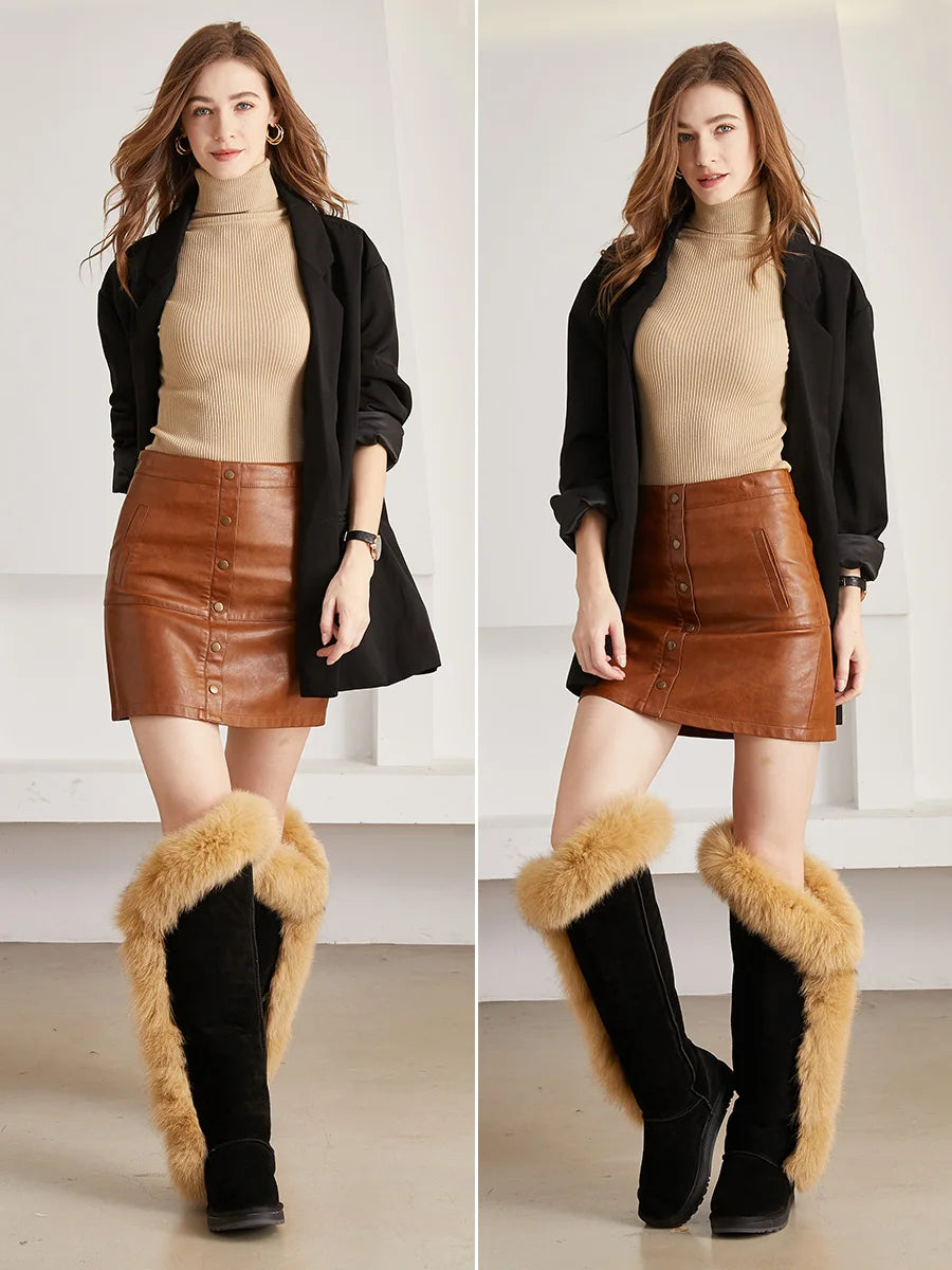 Genuine Leather Natural Side Fur Long Boots