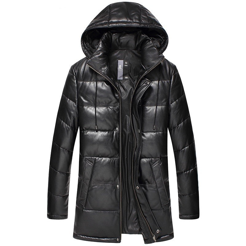 Genuine Leather Duck Down Hooded Coat