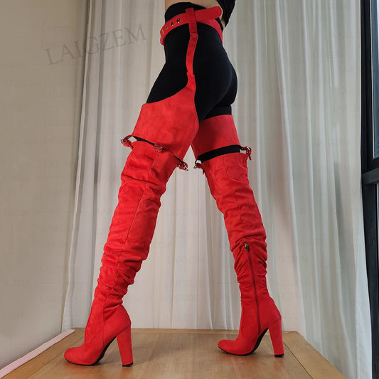 Faux Suede Waist Belted Thigh High Heel Boots