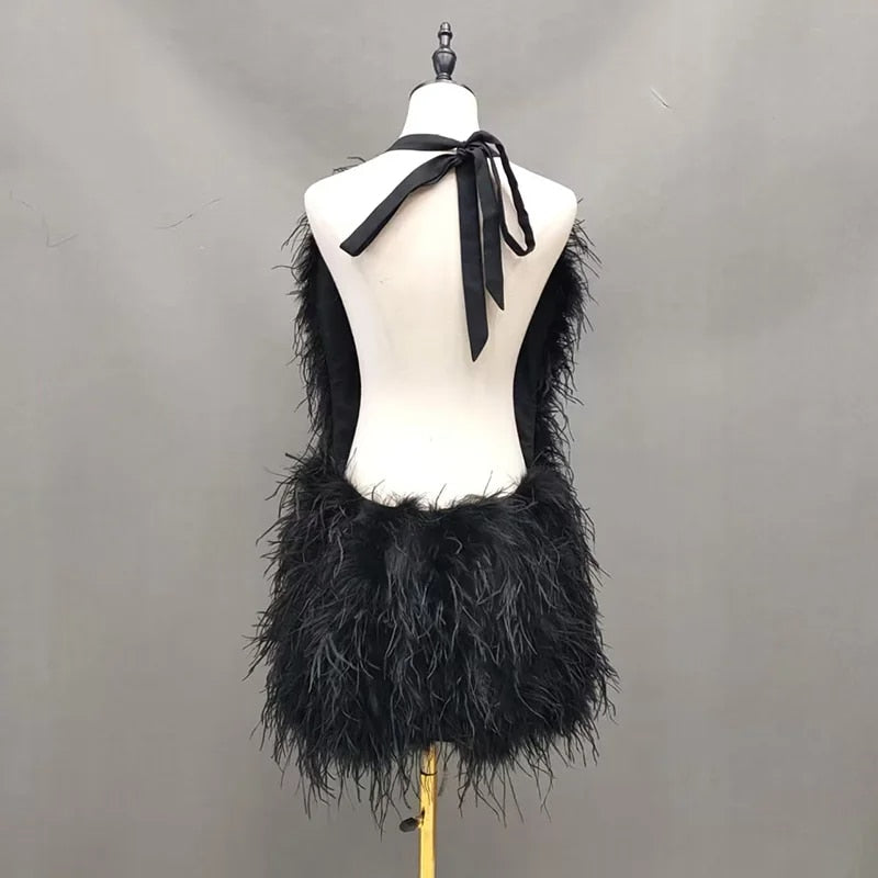 Ostrich Feather Backless Mini Dresses