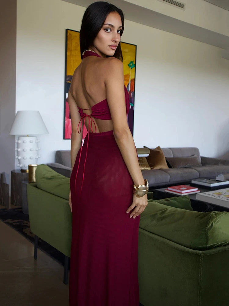 Sleeveless Backless Lace Up Maxi Dresses