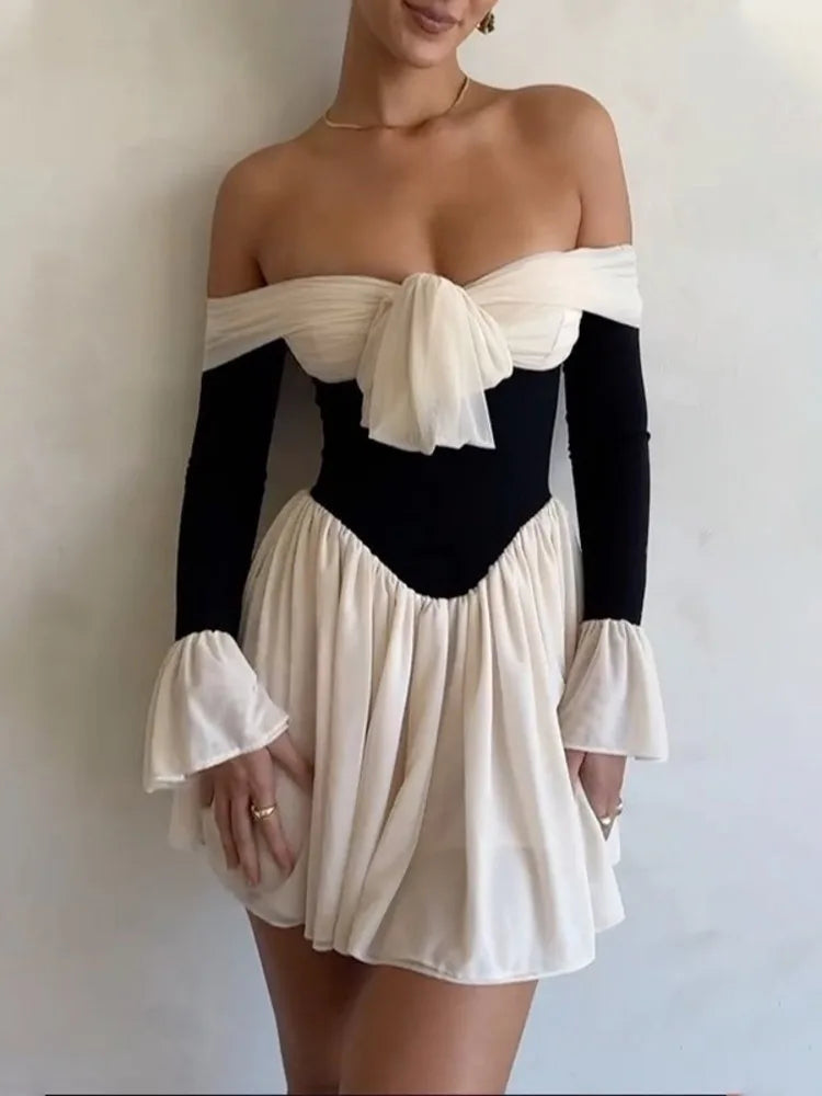 Off-shoulder Flare Long Sleeve Pleated Mini Dress