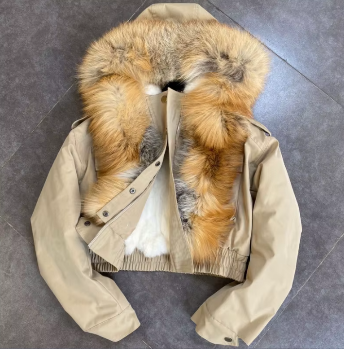 Real Fox Fur Hooded Bomber Crop Jackets
