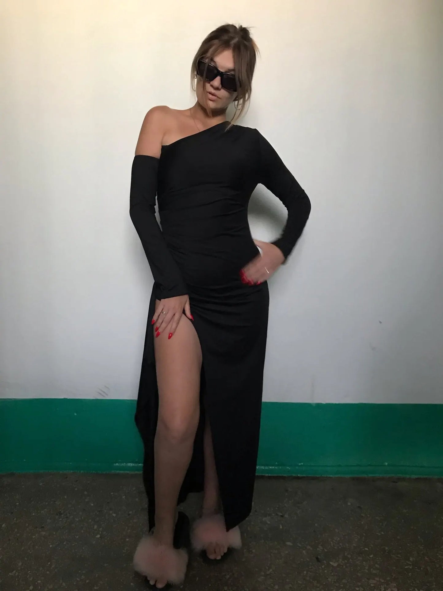 Black One Shoulder High Split Maxi Dress