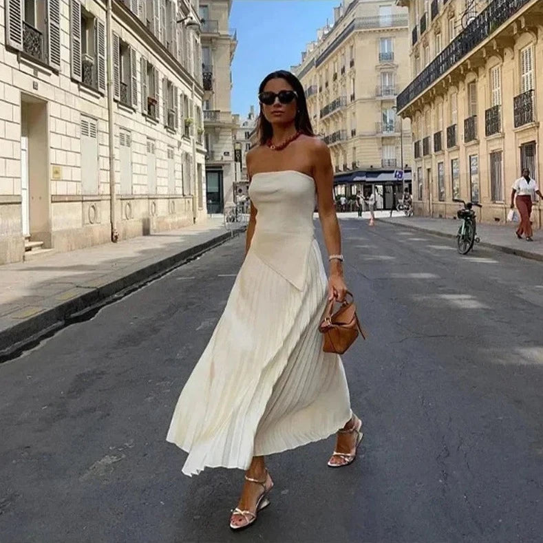 Strapless Pleated Top & High Waist Skirts Sets