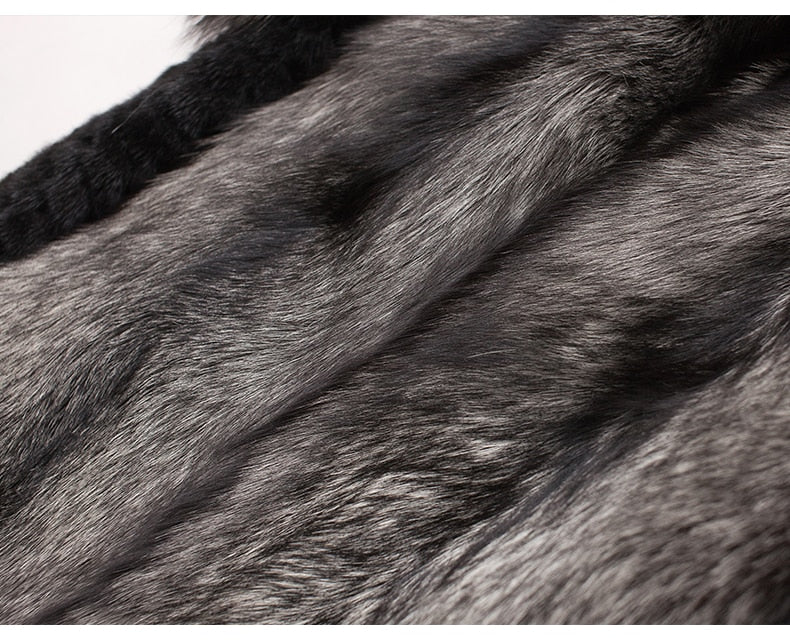 Real Fox Fur Hooded Coats Black Real Mink Fur Sleeves