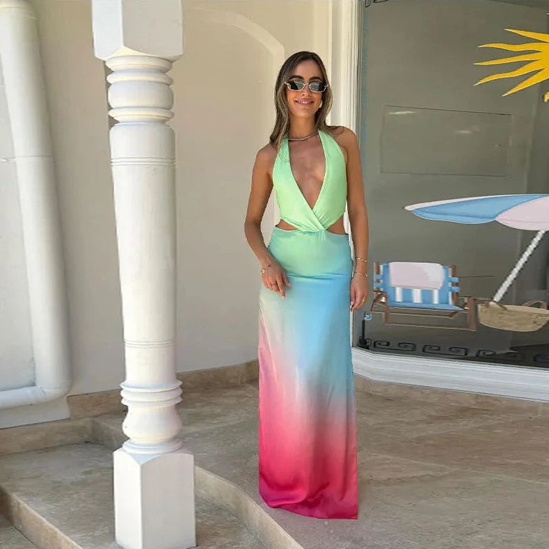 Tie-dye Hollow Backless Maxi Dress