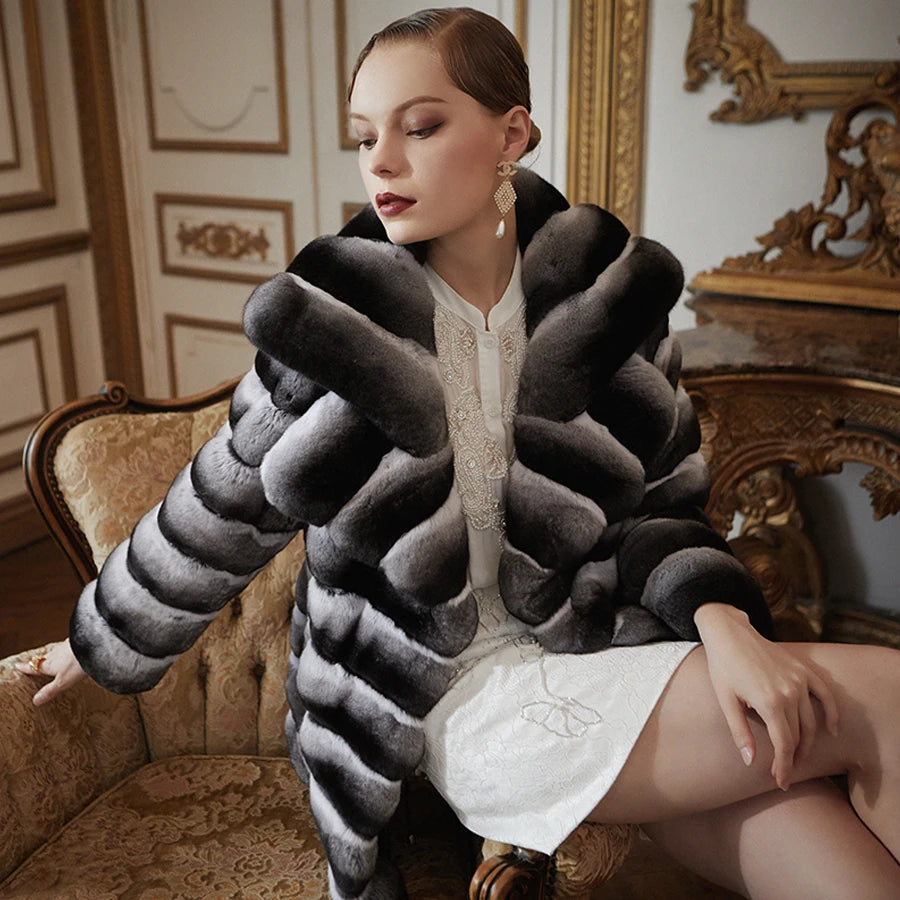 Chinchilla Style Real Fur Coat Mid Length Big Collar