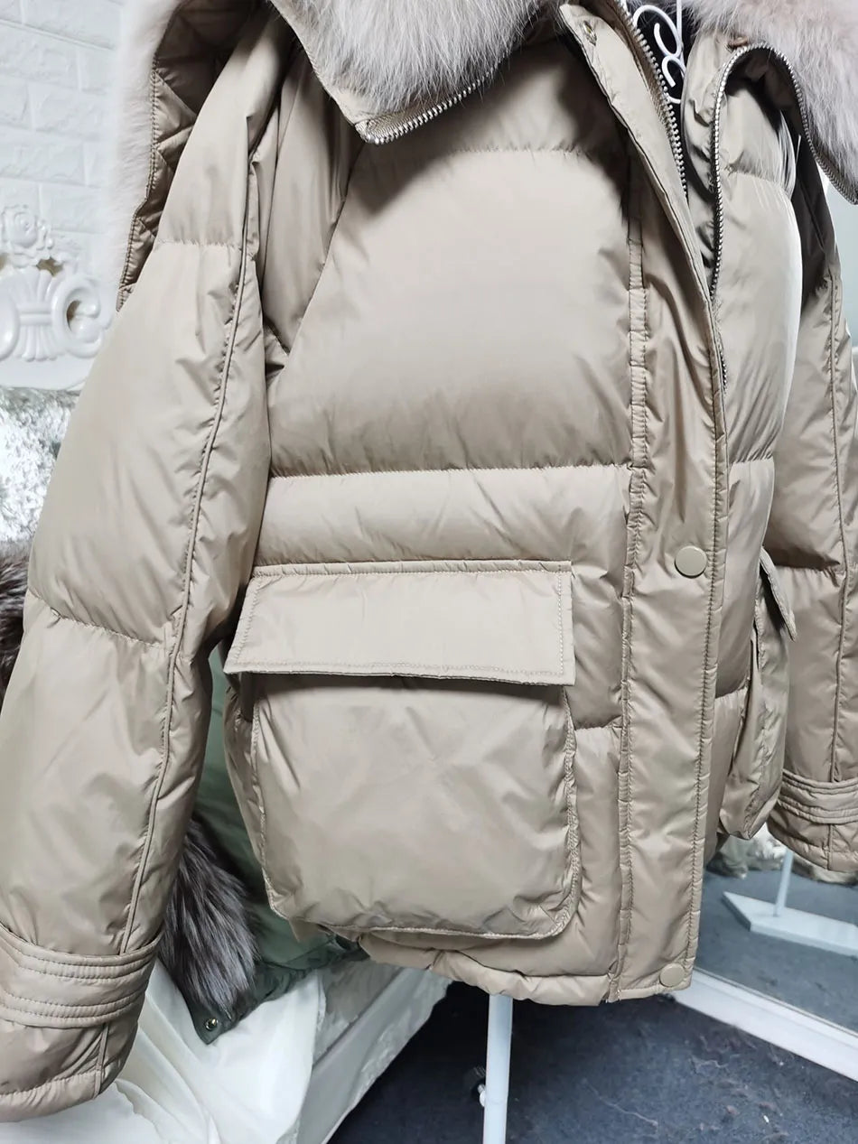 Losse Duck Down Real Fox Fur Collar Parka Puffer Coats