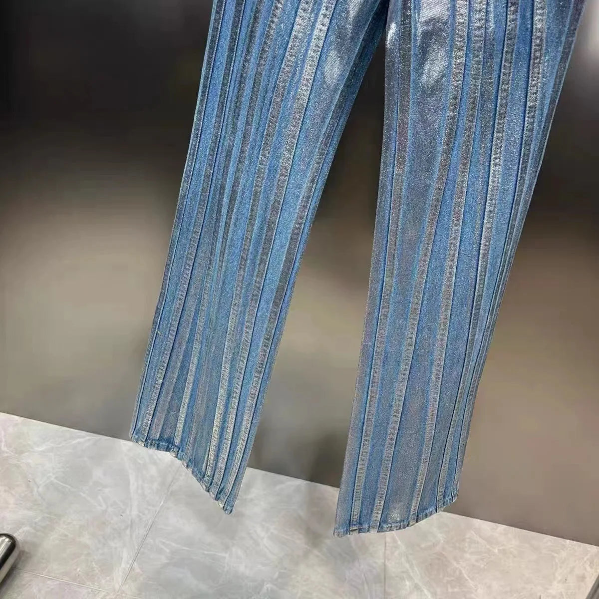 Silver Striped Blue Loose Denim Pants