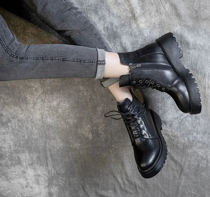 Black Platform Genuine Leather Ankle Boots
