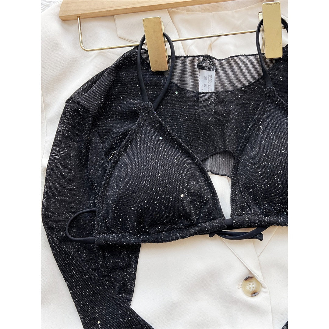 Sparkle Long Sleeves Micro Crop & Bikini Sets