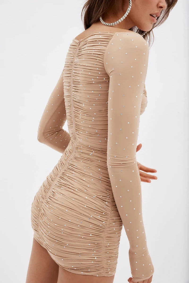 Sparkle Hollow Mesh Sleeved Ruched Mini Dresses