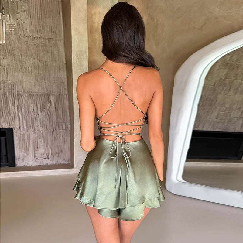 Strap Sleeveless Backless Lace-up Mini Dresses