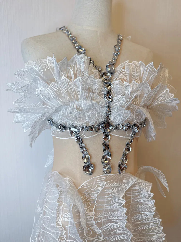 Crystal Wing Feather Mesh Crystal Mini Dresses
